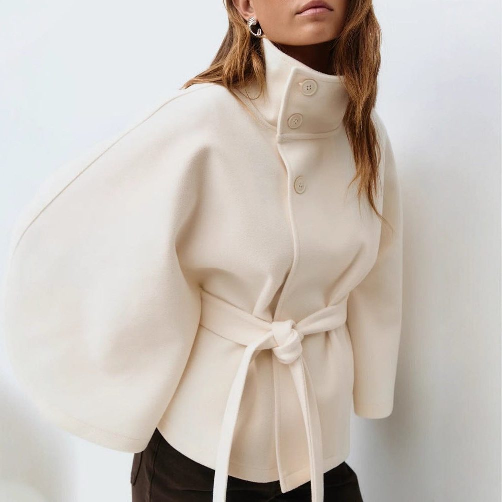 Women's Wool-Look Cropped Cape Jacket with Stand Collar and Belt - Maisie London