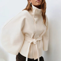 Women's Wool-Look Cropped Cape Jacket with Stand Collar and Belt - Maisie London