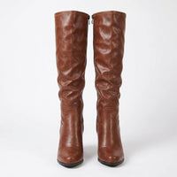 Women's Brown Faux Leather Knee-High Boots with Block Heel and Zip - Maisie London