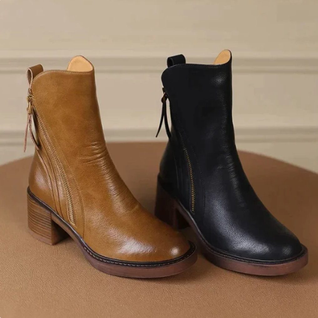 Women's Faux Leather Block Heel Ankle Boots with Side Zip - Maisie London