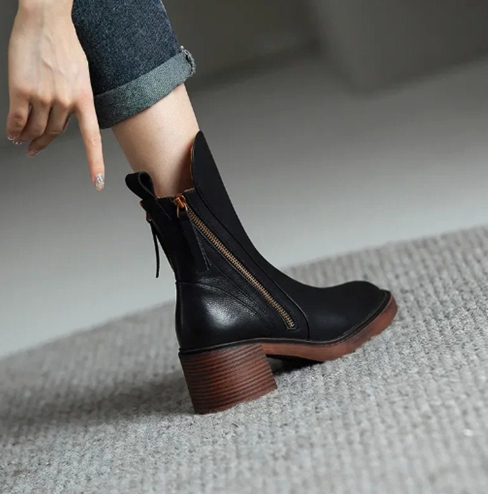 Women's Faux Leather Block Heel Ankle Boots with Side Zip - Maisie London