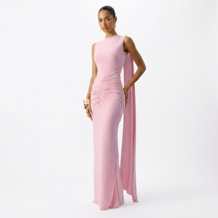 Women's Light Pink Jersey Maxi Dress with Cape Sleeves and Open Back - Maisie London