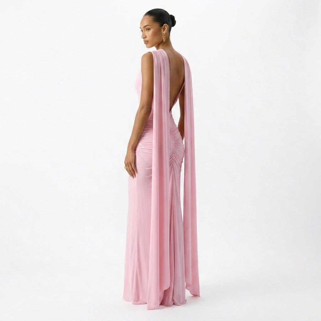 Women's Light Pink Jersey Maxi Dress with Cape Sleeves and Open Back - Maisie London
