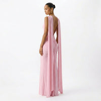 Women's Light Pink Jersey Maxi Dress with Cape Sleeves and Open Back - Maisie London