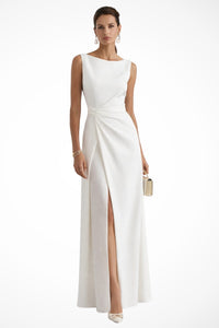 Women's White Crepe Maxi Dress with Boat Neck and Draped Waist - Maisie London