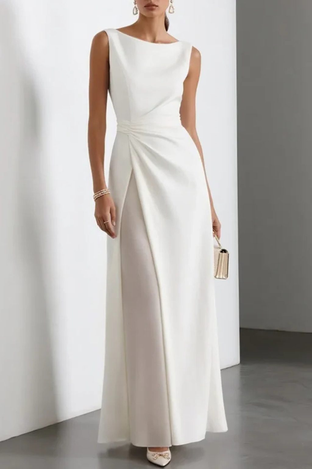 Women's White Crepe Maxi Dress with Boat Neck and Draped Waist - Maisie London