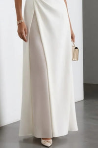 Women's White Crepe Maxi Dress with Boat Neck and Draped Waist - Maisie London