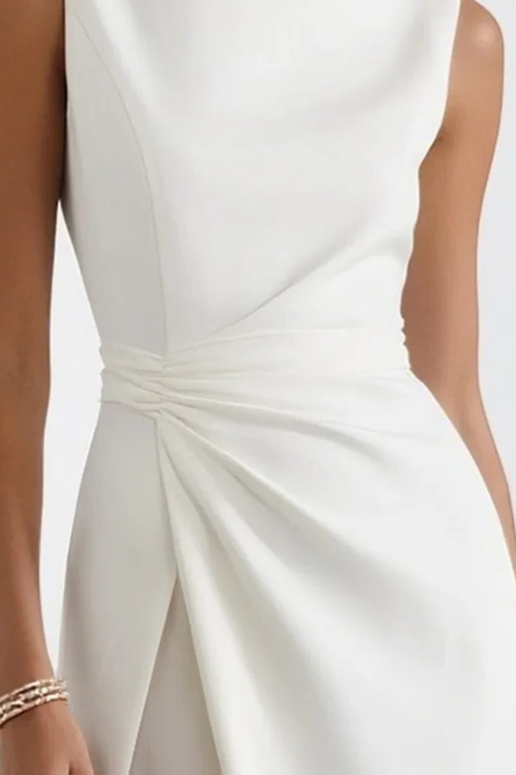 Women's White Crepe Maxi Dress with Boat Neck and Draped Waist - Maisie London