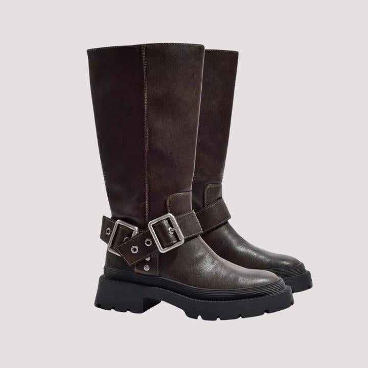 Women's Brown Faux Leather Knee-High Boots with Buckle and Platform - Maisie London