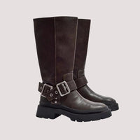 Women's Brown Faux Leather Knee-High Boots with Buckle and Platform - Maisie London