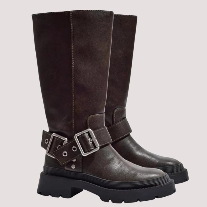 Women's Brown Faux Leather Knee-High Boots with Buckle and Platform - Maisie London