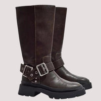 Women's Brown Faux Leather Knee-High Boots with Buckle and Platform - Maisie London
