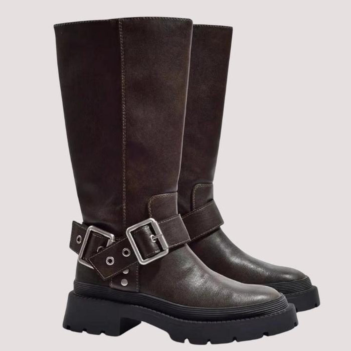 Women's Brown Faux Leather Knee-High Boots with Buckle and Platform - Maisie London