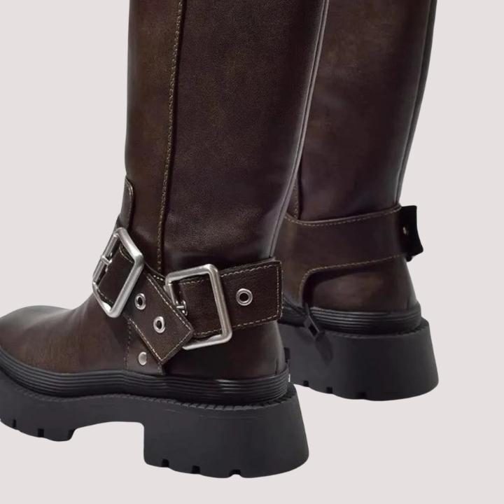 Women's Brown Faux Leather Knee-High Boots with Buckle and Platform - Maisie London
