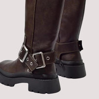 Women's Brown Faux Leather Knee-High Boots with Buckle and Platform - Maisie London