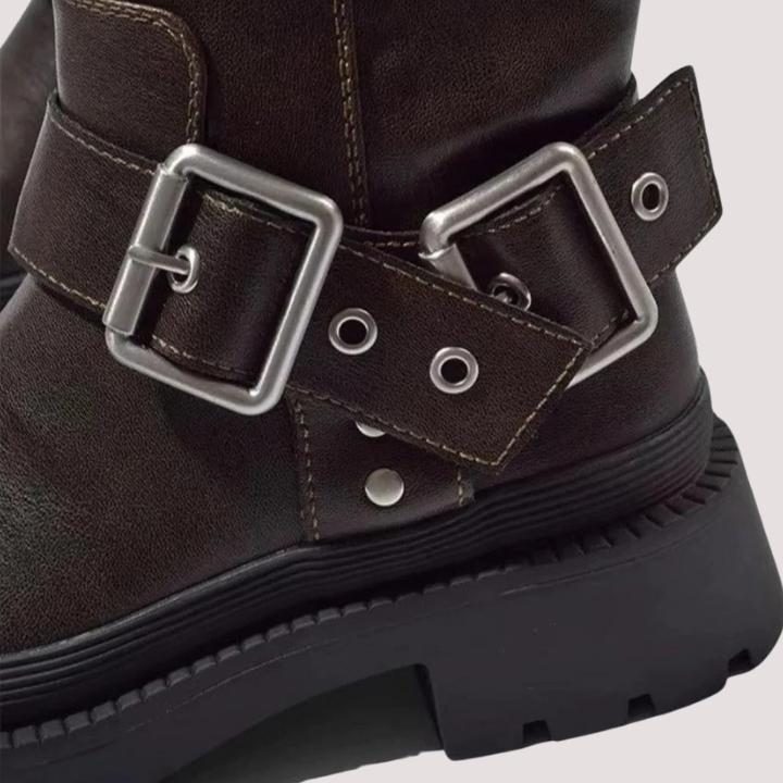 Women's Brown Faux Leather Knee-High Boots with Buckle and Platform - Maisie London