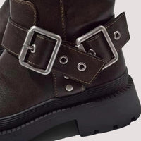 Women's Brown Faux Leather Knee-High Boots with Buckle and Platform - Maisie London