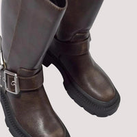 Women's Brown Faux Leather Knee-High Boots with Buckle and Platform - Maisie London