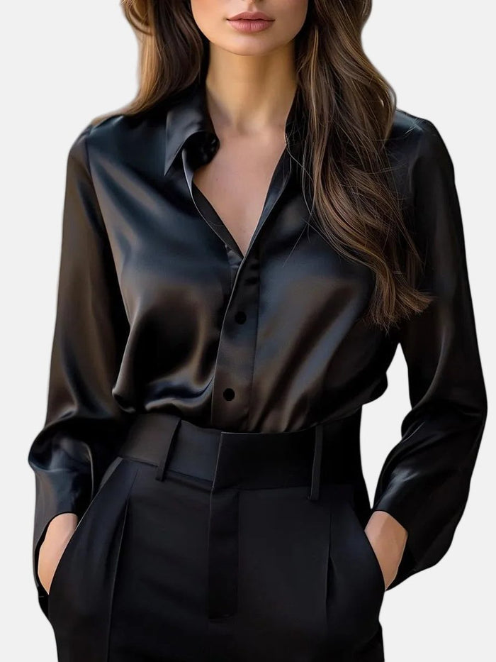 Women's Satin Button-Down Shirt with Point Collar and Long Sleeves - Maisie London