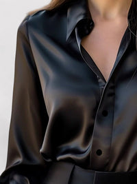 Women's Satin Button-Down Shirt with Point Collar and Long Sleeves - Maisie London