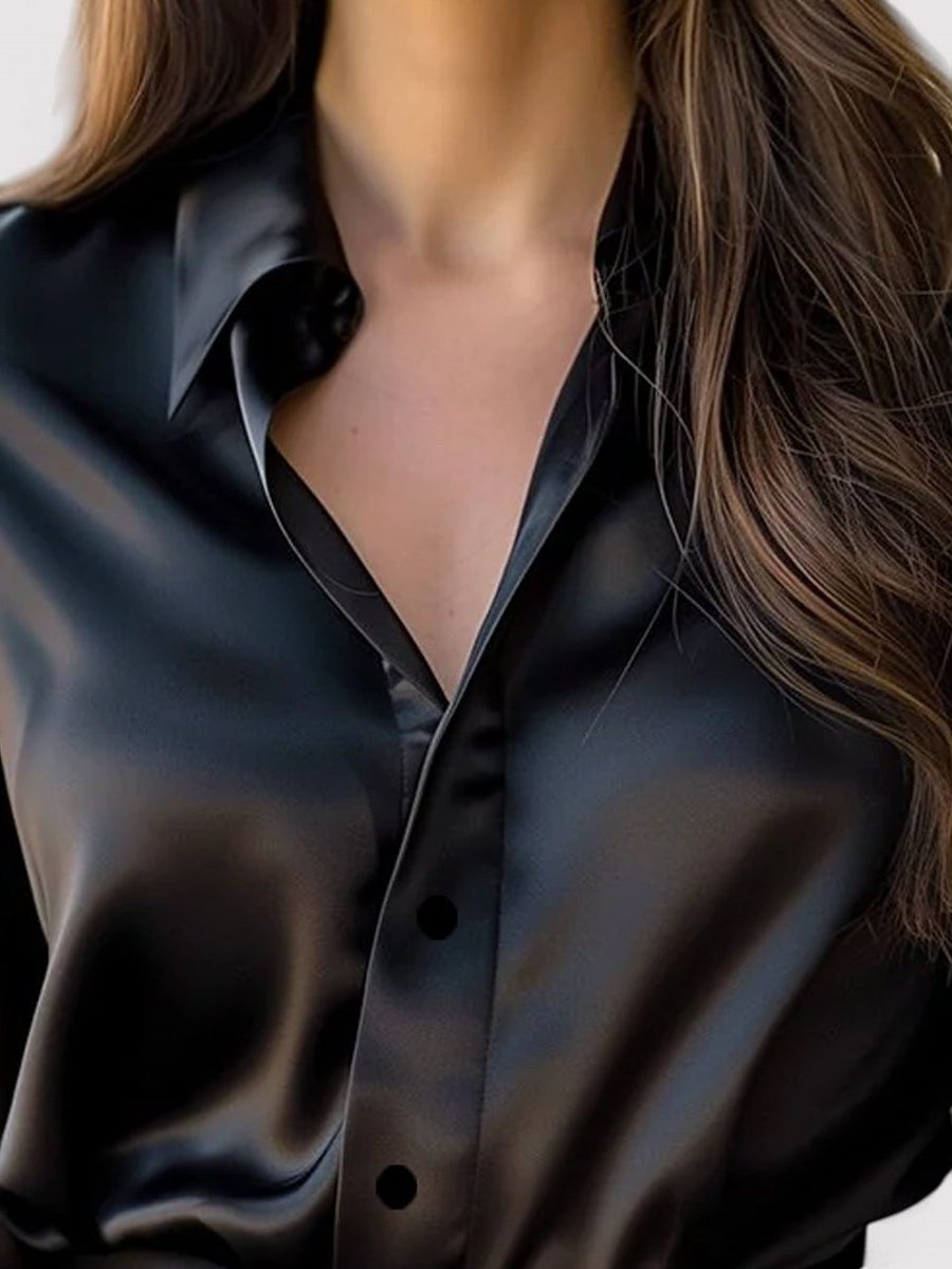 Women's Satin Button-Down Shirt with Point Collar and Long Sleeves - Maisie London