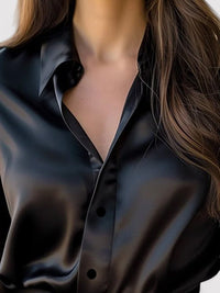 Women's Satin Button-Down Shirt with Point Collar and Long Sleeves - Maisie London