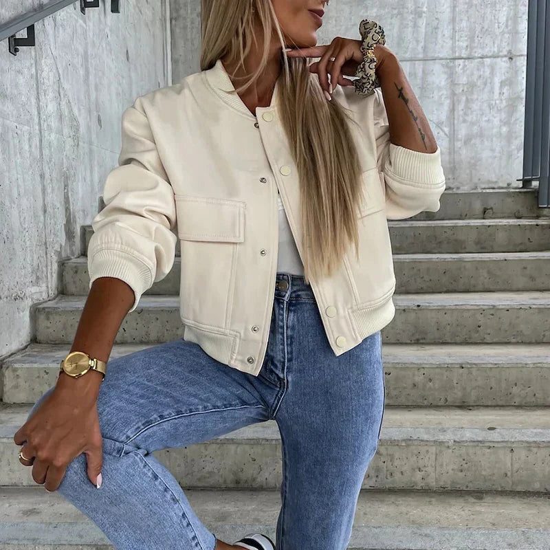 Women's Cropped Bomber Jacket with Button-Front and Patch Pockets - Maisie London