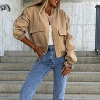 Women's Cropped Bomber Jacket with Button-Front and Patch Pockets - Maisie London