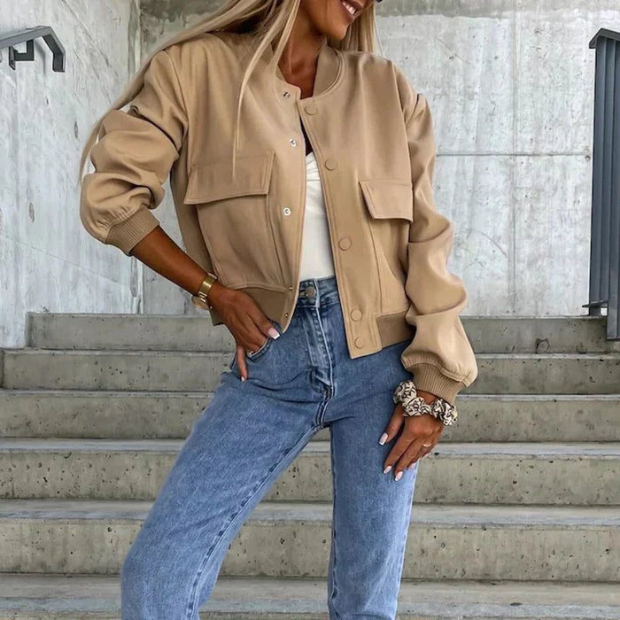 Women's Cropped Bomber Jacket with Button-Front and Patch Pockets - Maisie London