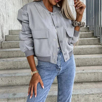 Women's Cropped Bomber Jacket with Button-Front and Patch Pockets - Maisie London