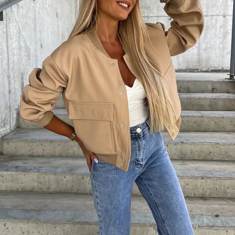 Women's Cropped Bomber Jacket with Button-Front and Patch Pockets - Maisie London