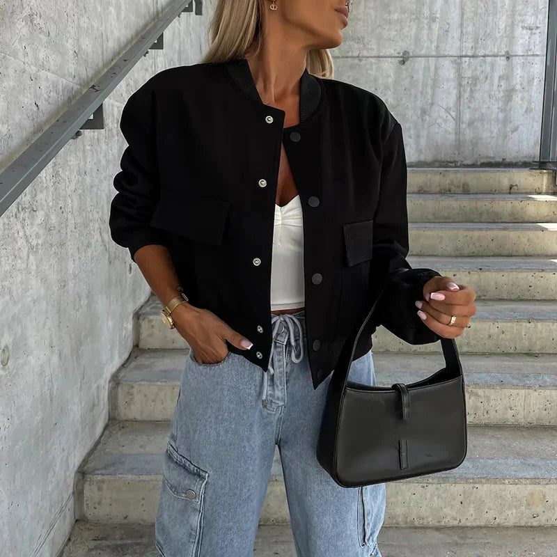 Women's Cropped Bomber Jacket with Button-Front and Patch Pockets - Maisie London