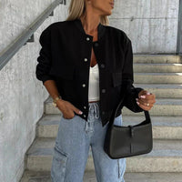 Women's Cropped Bomber Jacket with Button-Front and Patch Pockets - Maisie London