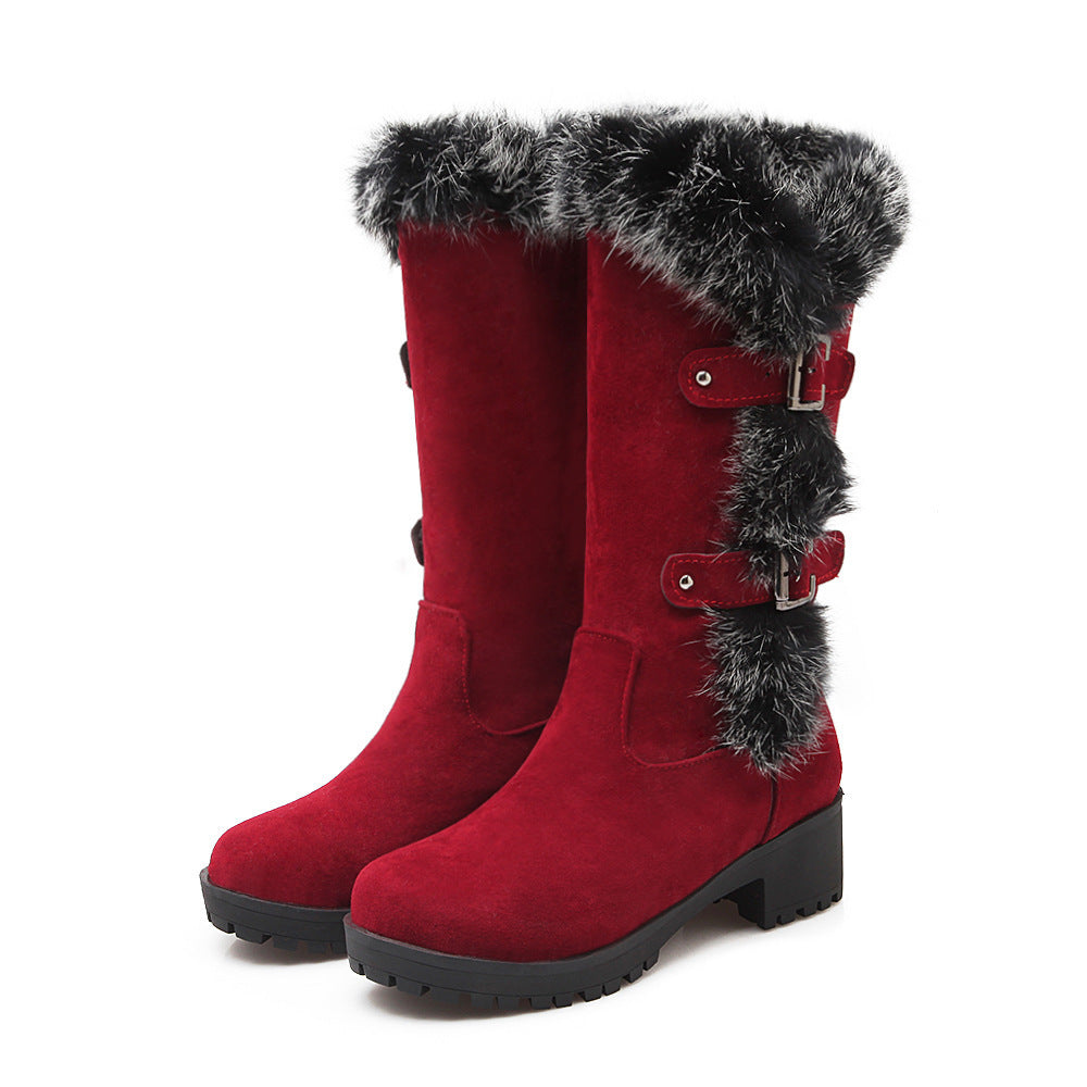 Women's Faux Suede Mid-Calf Snow Boots with Faux Fur Trim and Buckles - Maisie London