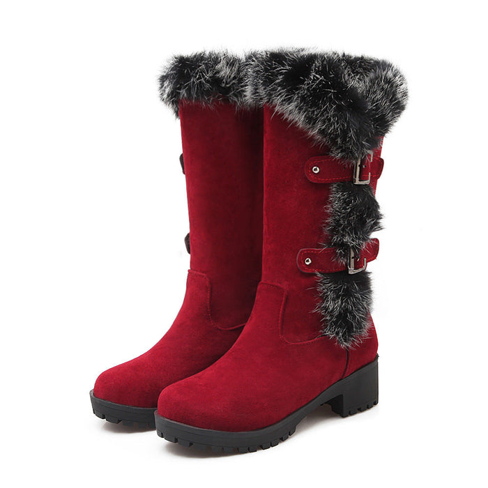 Women's Faux Suede Mid-Calf Snow Boots with Faux Fur Trim and Buckles - Maisie London