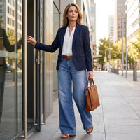 Women's Blue Denim High-Waisted Wide-Leg Jeans with Belt Loops - Maisie London