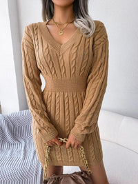 Women's Cable-Knit Mini Jumper Dress with V-Neck and Ribbed Waist - Maisie London