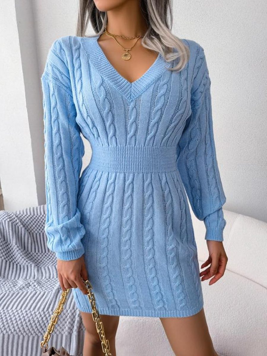Women's Cable-Knit Mini Jumper Dress with V-Neck and Ribbed Waist - Maisie London