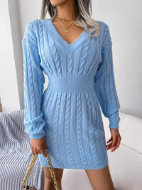 Women's Cable-Knit Mini Jumper Dress with V-Neck and Ribbed Waist - Maisie London