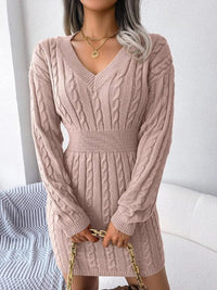 Women's Cable-Knit Mini Jumper Dress with V-Neck and Ribbed Waist - Maisie London