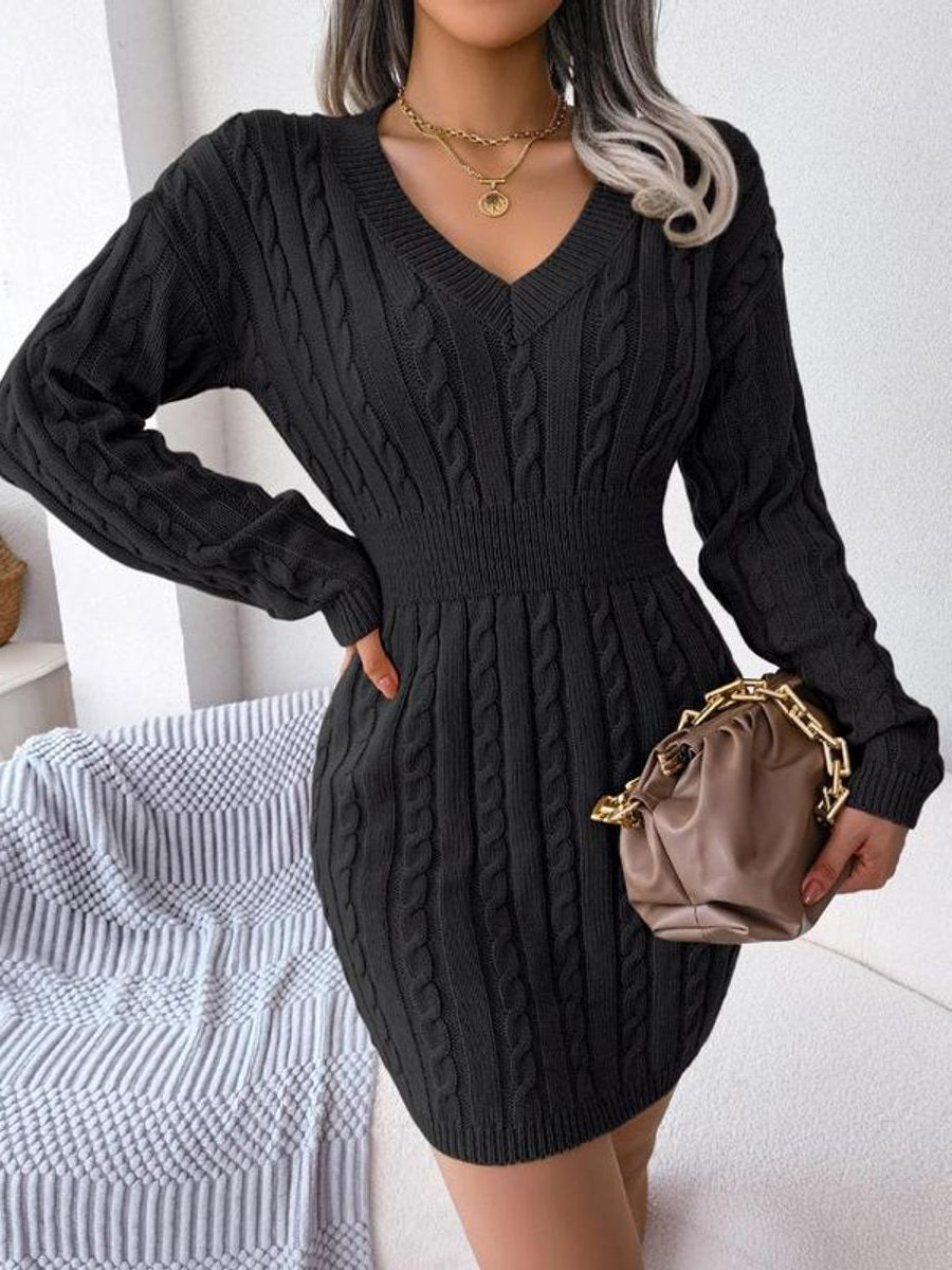 Women's Cable-Knit Mini Jumper Dress with V-Neck and Ribbed Waist - Maisie London
