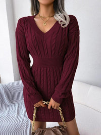 Women's Cable-Knit Mini Jumper Dress with V-Neck and Ribbed Waist - Maisie London