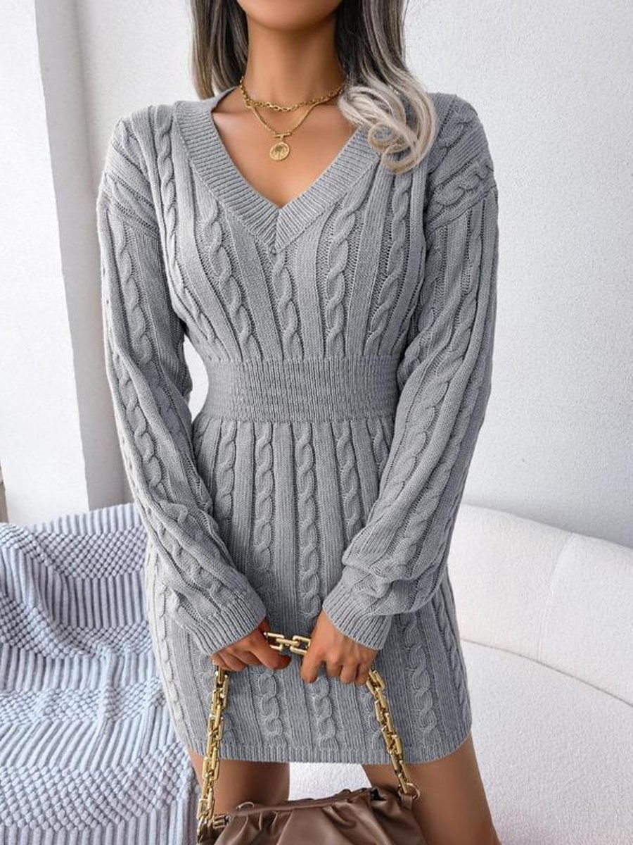 Women's Cable-Knit Mini Jumper Dress with V-Neck and Ribbed Waist - Maisie London