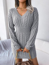 Women's Cable-Knit Mini Jumper Dress with V-Neck and Ribbed Waist - Maisie London