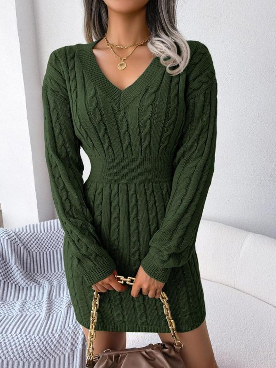 Women's Cable-Knit Mini Jumper Dress with V-Neck and Ribbed Waist - Maisie London