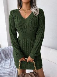 Women's Cable-Knit Mini Jumper Dress with V-Neck and Ribbed Waist - Maisie London