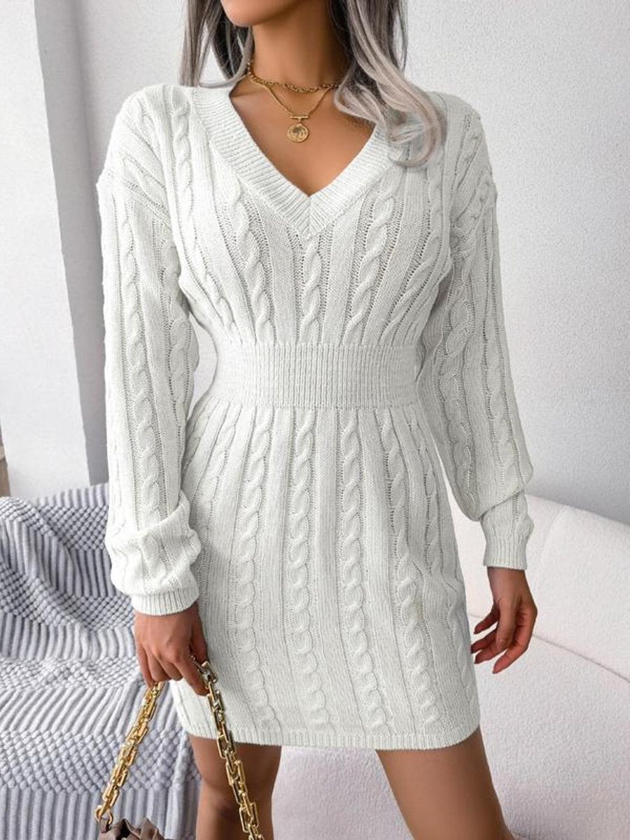 Women's Cable-Knit Mini Jumper Dress with V-Neck and Ribbed Waist - Maisie London