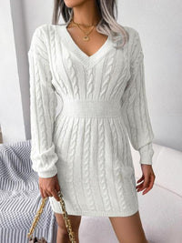 Women's Cable-Knit Mini Jumper Dress with V-Neck and Ribbed Waist - Maisie London