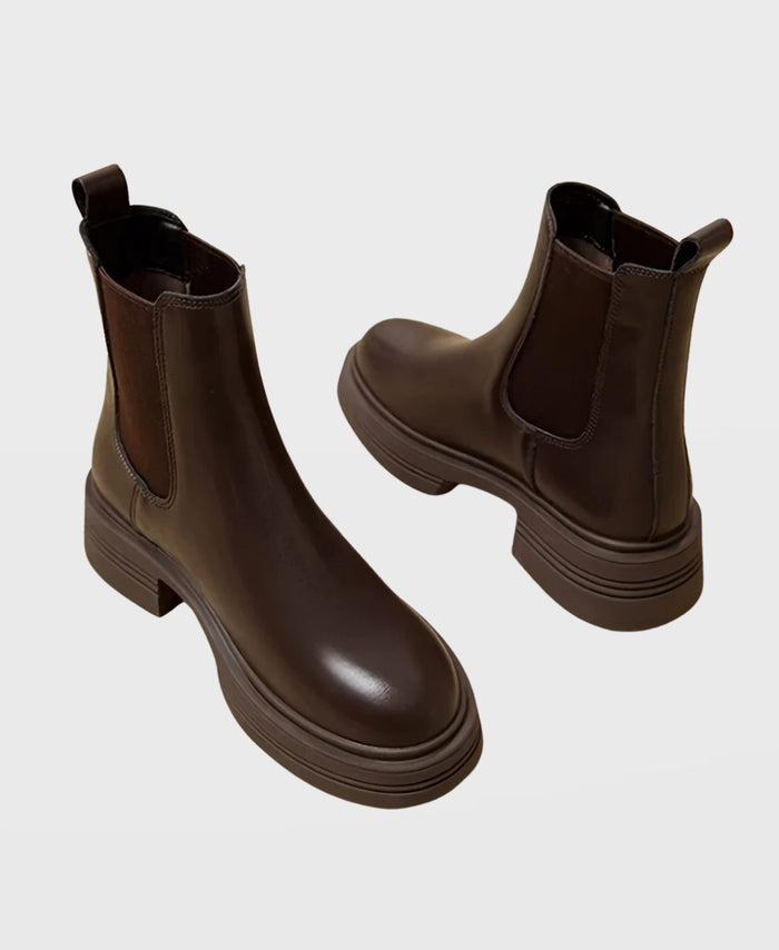 Women's Coffee Faux Leather Chelsea Ankle Boots with Block Heel - Maisie London