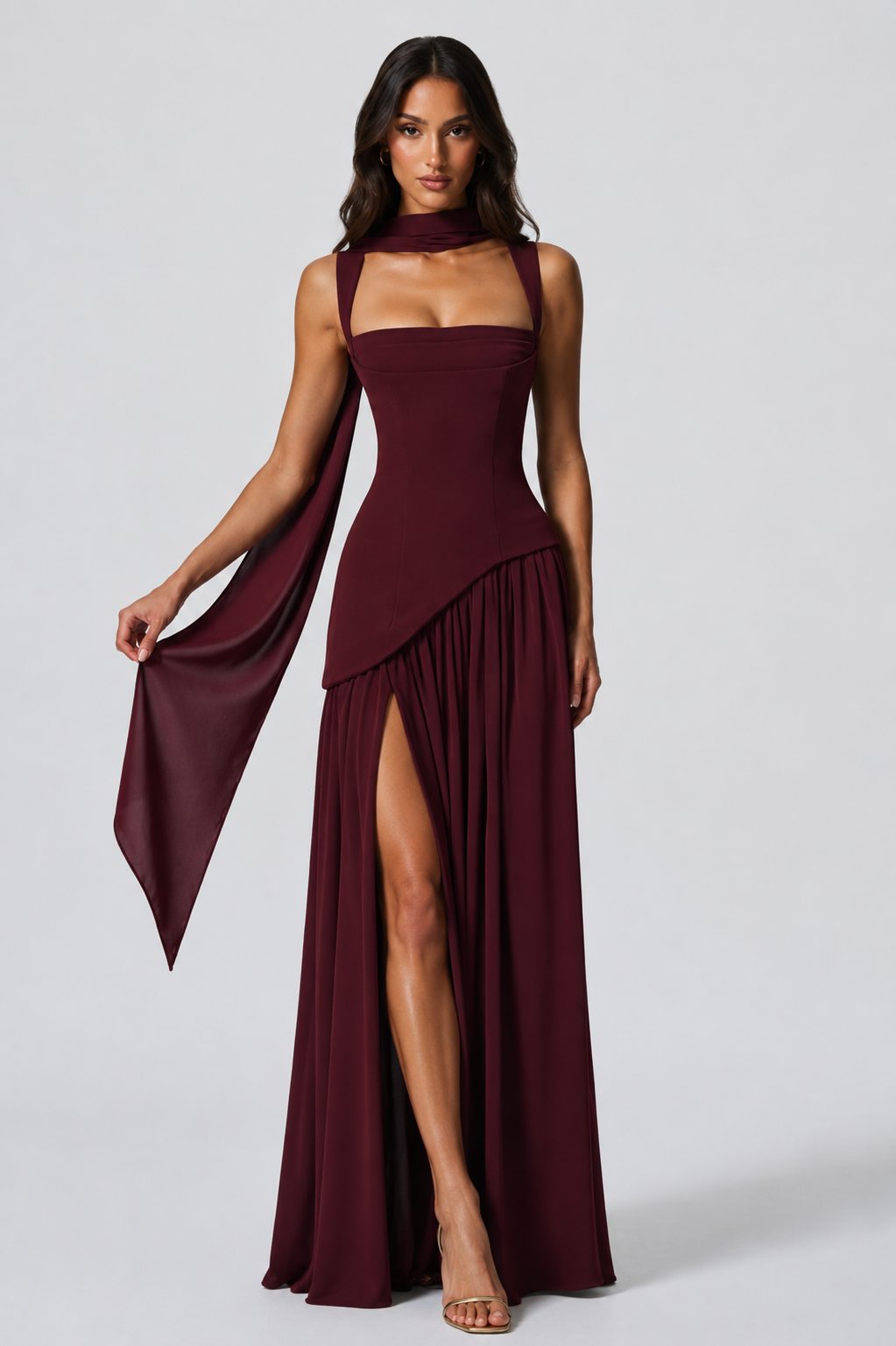 Women's Choker Neck Maxi Dress with Side Split and Corset Back - Maisie London